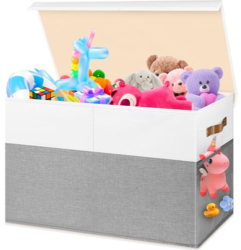 Mabahoo Large Toy Box, Collapsible Sturdy Storage Chest With Lids, Kids Toy Chest Storage Organizer Toddler Bin Boxes for Living Room, Bedroom, Nursery, 25x13x16, White & Gray