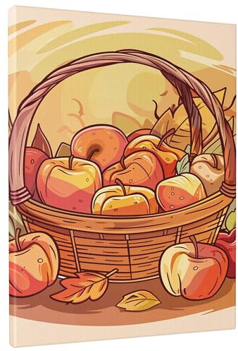 Autumn Harvest Fruits Basket Canvas Wall Art, Brown Orange Rustic Fruit Poster Prints, Vintage Wall Art Home Aesthetic Decor For Kitchen, Dining Room, Living Room, Unframed 12x16 Inch