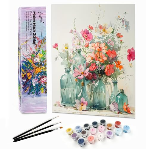 Bougimal Peinture par Numéro Adulte Paysages avec Pinceaux et Acryliques Bricolage Peintures Kits, pour la Décoration Intérieure maison, Fleurs colorées 16 28x35cm(sans Cadre)