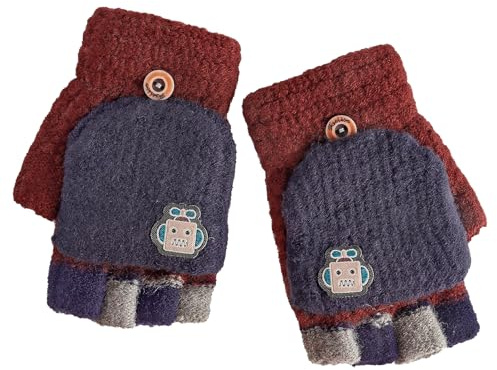 Cxryrzhe Guantes de invierno para niños de 6 a 15 años para niños y niñas, guantes convertibles con tapa abatible, guantes térmicos de dibujos animados de punto, guantes sin dedos de punto, guantes