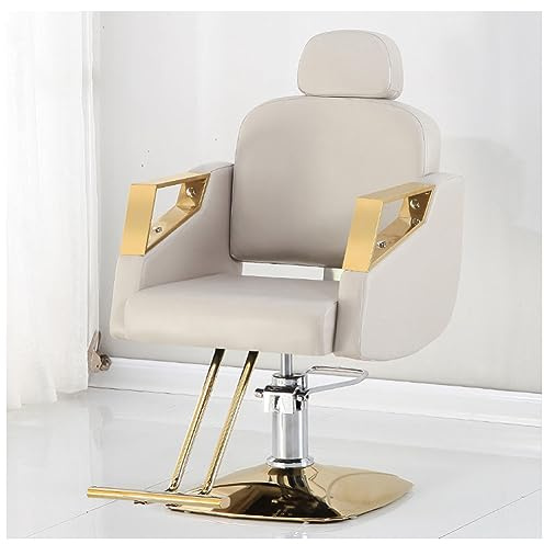 WKXTECZT Friseurstuhl Mit Hydraulischer Pumpe, Salonstuhl Kippbar Höhenverstellbar 360° Drehbar, Friseursessel Mit Verstellbarer Kopfstütze,Bedienungsstuhl Bis 200Kg Belastbar,Beige