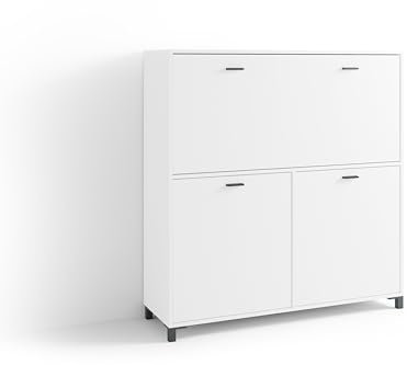 byLIVING Sekretär Montana/Sekretär matt weiß/Office-Schrank mit 1 Klappe und 2 Türen/Schwarze Griffe/B 120, H 127, T 40 cm