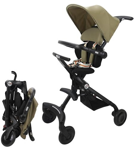 509 CREW EZ-TRAVELLER Baby Buggy Stroller Pushchair, Easy & Compact Fold, 2 Recline Backrest Positions, Adjustable Handle Height, Front Bar, Adjustable Headrest, Canopy, Basket (Khaki)