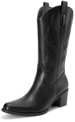 DREAM PAIRS Women's Square Toe Cowboy Cowgirl Boots Embroidered Mid Calf Western Boots Fashion Dress Low Chunky Heel Boots for Theme Party Country Concert,Size 7.5,Black-Pu,DWUMMB2502
