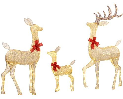 Outsunny Lighted Reindeer Christmas Decorations Outdoor, 3-Piece Light Up Deer Family Set of 3 with 283 LED Lights for Indoor, Lawn, Garden, Gold Tone