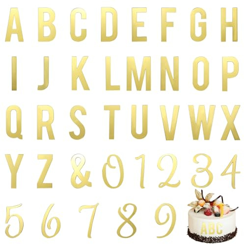 37PCS Acrylic Letters Cake Topper, Gold Acrylic Cake Alphabet Numbers Topper with A-Z and 0-9 DIY Cupcake Decoration Pick Personalized Letters Anniversary Wedding Baby Shower Party Supplies DIY Cake