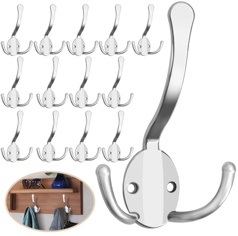 Homanu 14-pack rockkrokar kraftiga, metall tre spetsar stora rockkrokar väggmonterad med 28 skruvar, ingen rost silver rustika väggkrokar för att hänga handduk, rock, halsduk, väska, hatt, kopp