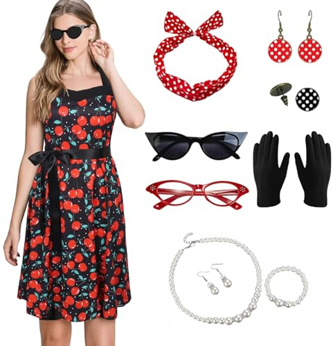 LADIES - Disfraz de los años 50, Rockabilly sin mangas, de verano, con patrón de cerezas rojas, vintage, con diadema de lazo rojo, gafas, guantes y otros hermosos accesorios para fiesta de disfraces