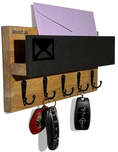 Schlüsselkasten Holz, Schlüsselablage Wand Eiche Schwarz, Schlüsselboard aus Buche, Schlüsselbrett Holz mit Ablage,Schlüsselhalter mit Edelstahlhaken,Schlüsselhaken Key Holder Modern (Eiche/Schwarz)