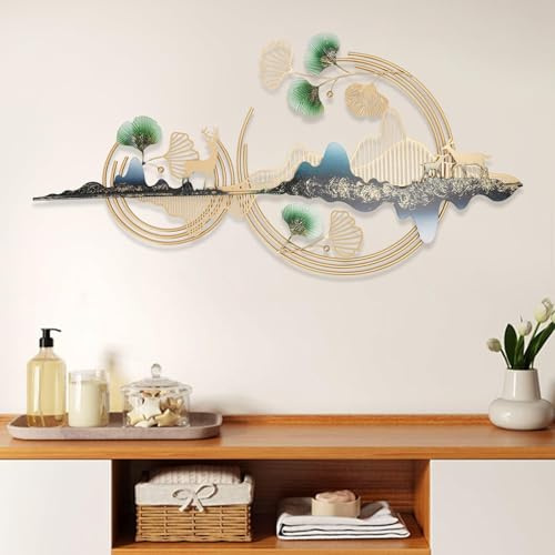 YAIUNHIQ Wanddeko Metall Ginkgoblatt Hirsch 3D Bilder Wandskulpturen, Metallbilder Wanddeko Gold Wandbild, Große Wanddeko