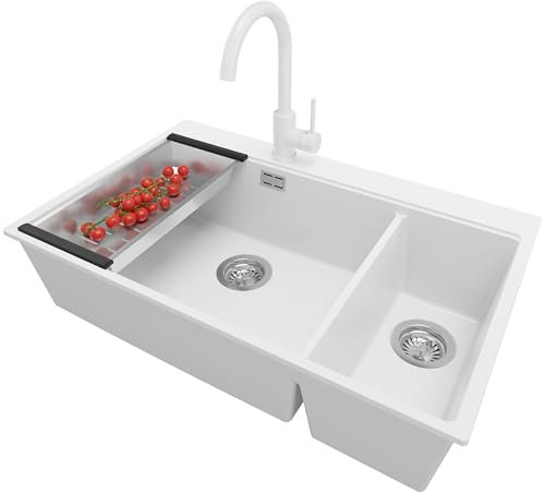 PRIMAGRAN Lavandino da Cucina Bianco 78x50cm, Lavello in Granito a 2 vasche + Rubinetto 32x20cm + Sifone Classico, Lavabo Incasso al mobile 80cm - Oslo Duo S063