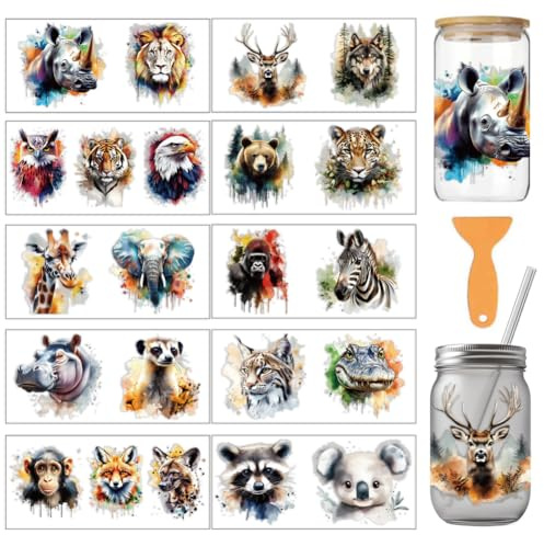 arricraft 10 Stück PVC Transferaufkleber Mit Wildtiermotiv Öl Wald Tier Muster UV Wasserdicht Tasse Aufkleber Kit Für 16 oz Gläser Fenster Home Cup Druck Dekoration