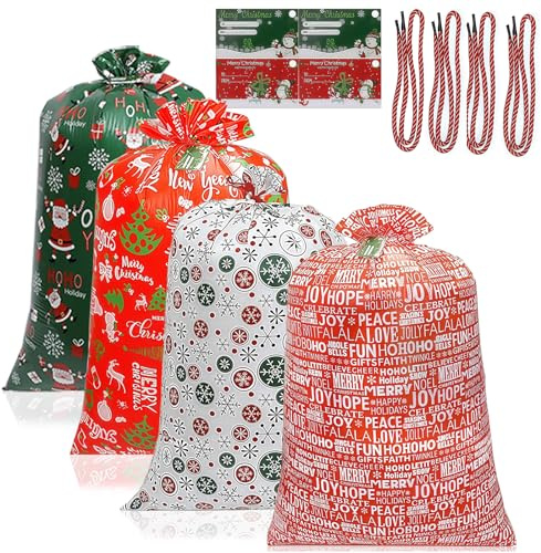 4 Stück Weihnachtssäcke Riesige,36x56 Zoll Wiederverwendbar Weihnachtsbeutel Geschenkbeutel mit Kordelzug für Weihnachten,Geschenktüten für Süßigkeiten Kekse Geschenke Weihnachten,Geburtstag Party