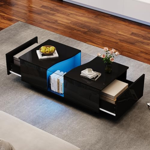 CXHLXYR LED-Couchtisch mit 2 Schubladen, rechteckige Wohnzimmertische mit offenem Stauraum, moderner Couchtisch, glänzend, für Wohnzimmer und Schlafzimmer, 100 x 50 x 35 cm (Schwarz-B)