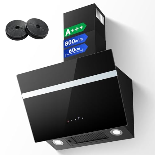 TopStrong Cappa aspirante 60 cm, 800 m³/h Cappa Cucina Inclinata 60cm con Filtro a Carboni, Classe A+++, Ricircolo & Canalizzazione, 3 Livelli di Regolazione + Booster, 65 dB, LED