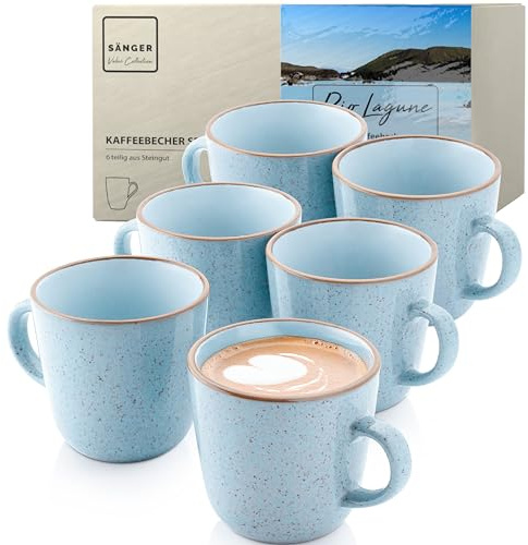 SÄNGER Rio Lagune Kaffeebecher 6 tlg, Steingut Tassen Set für 6 Personen | Tassen multifunktional, spülmaschinen- mikrowellenfest, Coffee Mug Teetasse, Kaffeetassen blau 430 ml