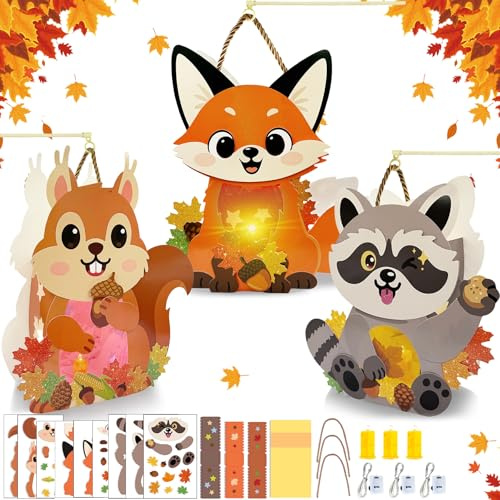 Sunshine smile 3 Stück Laternen Bastelset Herbst,Windlichter zum Basteln,Bastelset Herbst zum Fuchs,Eichhörnchen,Braunbär mit Laternenstab,Laterne Basteln
