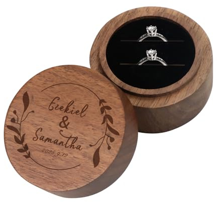 Malihome Klappbox aus Holz für 2 Ringe zur Hochzeit, rustikale Aufbewahrungsbox für Schmuck im Vintage-Stil aus massivem Walnussholz mit Gravur und Ringhalter (Rund, Add Customized)