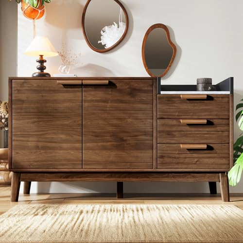 FammyLoft Sideboard Wohnzimmer mit 3 Schubladen und Doppeltürschrank, Buffetschrank mit Marmor-Optik Platte - Offene Ablage, 120 * 40 * 77cm, Modern Wohnzimmerschrank für Esszimmer & Flur, Eiche