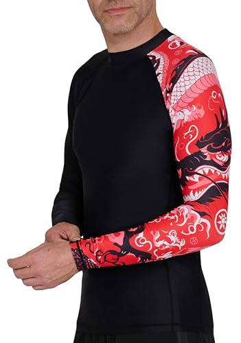 PowerLayer Herr Rashguard långärmad rashguard BJJ Rashguard kompression löpning cykling Rashguard baslager, Svart/röd, M