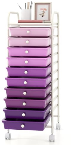 GIANTEX Carro de Almacenamiento 10 Cajones, Estantería con 4 Ruedas (2 con Frenos), Carrito de Plástico con Marco de Metal, Organizador para Oficina, Cocina, Baño, 33x37x86 cm (Morado)