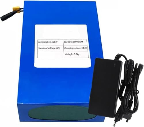 48V 50Ah E-Bike Akkupack, Fahrrad-Batterien 48V 50Ah 13S8P integrierter BMS mit Ladegerät wasserdichter Akku für 200W 350W 500W 750W 1000W Elektrofahrrad Motor