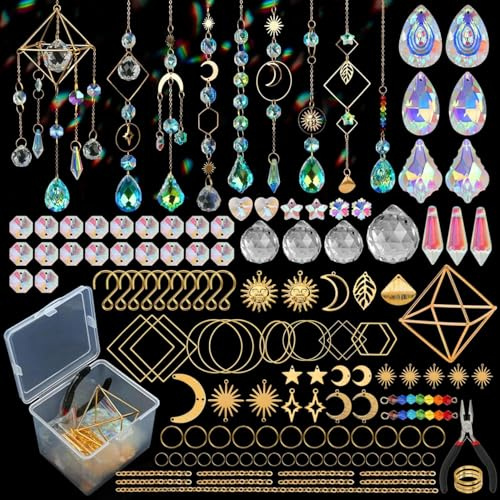 Packool 400 Pcs DIY Suncatcher Craft Kit, Crystal and Metal Supplies for Adults, Sun Catchers Making Supplies Kit, Includes Beads, Pendants, Frames, and Tools, Ideal for Home or Garden Decor