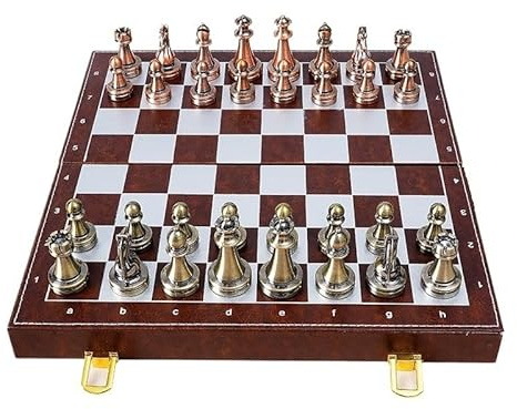 Schach Retro-Schachspiel aus Metall mit klappbarem Schachbrett aus Holz und klassischen handgefertigten Standardstücken, Schachspiele aus Metall for Kinder und Erwachsene schachspiel