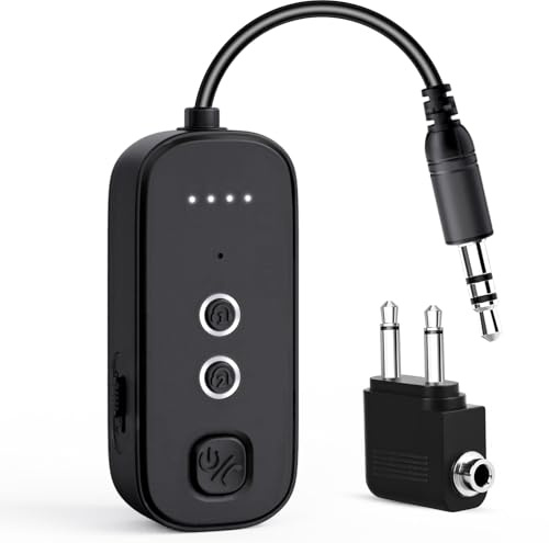 Trasmettitore e Ricevitore Bluetooth con Adattatore per Aereo, Sistema Audio Senza Fili per 2 Cuffie, Ricarica USB con Jack Ausiliario da 3,5 mm per Voli, Palestre, Auto, TV, Tablet e Viaggi
