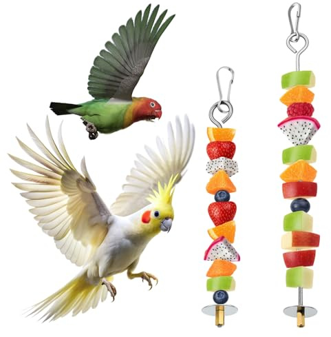 Lot de 2 supports de nourriture pour cage à oiseaux avec crochet, brochette de fruits et légumes, mangeoire à oiseaux en acier inoxydable pour cages, jouet de recherche de nourriture à suspendre