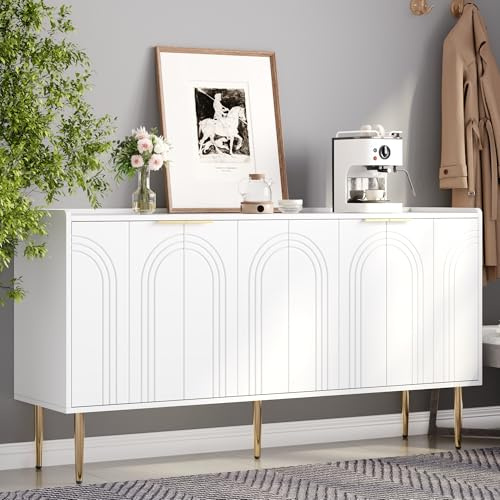 FammyLoft Sideboard Wohnzimmer mit 4 Türen, Buffetschrank mit Großem Stauraum und Verstellbarer Trennwandschrank, 140x38x75cm, Modern Wohnzimmerschrank für Schlafzimmer, Flur, Buffet Wohnzimmer, Weiß