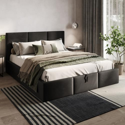 murando - Samt Polsterbett 140x200 cm, Schwarz, mit Stauraum, Schlafzimmer | Stabiles Bettgestell mit Stauraum, inklusive Lattenrost, pflegeleichter Samtbezug, langlebig, stilvoll, modern, bequem
