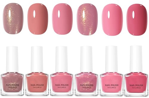 Pink Nail Polish Set – 6 Pcs Quick Dry Nail Varnish Sets - Long Lasting Pink Nude Glitter Nail Varnish Breathable - Non-Toxic, Chip-Resistant & Easy to Apply - Natural Nail Polish for Women