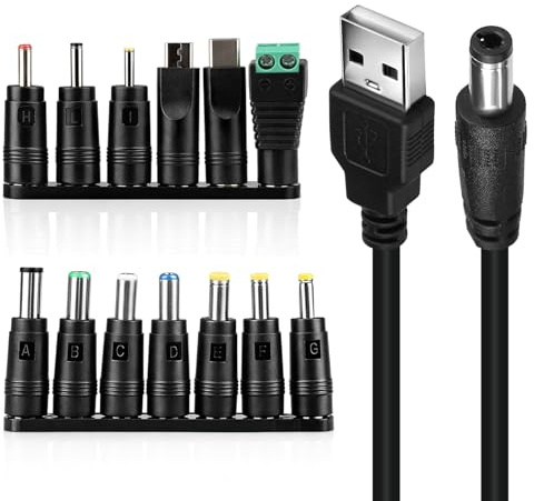 USB to DC 5V Cable 1m 5.5 X 2.1mm 13 in 1 Universal Power Cord with 13 Dc Connectors DC5V 3A Adapter Charger Lead Round Pin Jack Charging Cable for Laptops Router Speakers Keyboard Power Banks TV Box