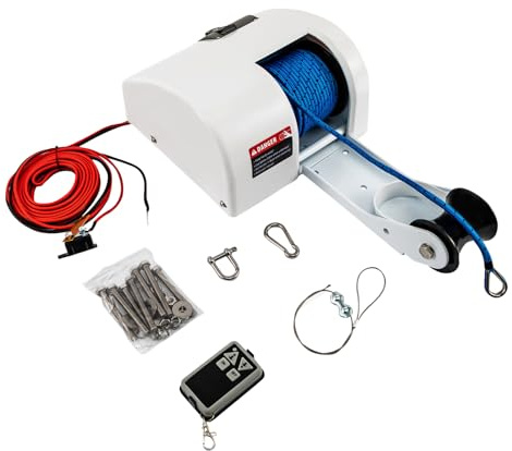 HIJNXG 45LBS Elektrische Ankerwinde für Boote, Seilwinde 12V mit Fernbedienung, Salzwasser-Ankerwinde Set mit 30M vorgewickeltem Ankertau für Anker bis 20KG