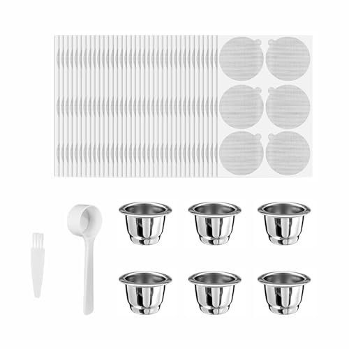 6 st återanvändbara espressokapslar Återfyllbara kaffekapslar, espressokapslar i rostfritt stål inkluderar 204 aluminiumfolieförseglingar, 1 sked, 1 borste kaffekapslar Kompatibel med Nespresso