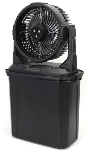Eacam Ventilateur Brumisateur Portable, Seau de 10 L, 4 Modes de Brumisation, Minuterie, Lumières RVB et Télécommande, Ventilateur Refroidissement à Piles 20 000 MAh (Noire)