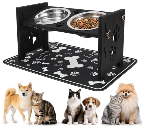 JETHMA Raised Dog Bowls with Splash-Proof Mat, Adjustable Solid Wood Elevated Pet Feeder Stand, 15° Tilted Anti-Vomit Feeding Station with 2 Stainless Steel Bowls for Small to Medium Dogs & Cats