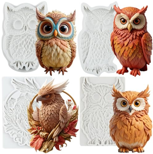 MYPRACS Eulen Silikonform Fondant Eulen Schokoladenformen 4er Set | Zur Kuchendekoration Für Cupcake Topper Zuckerkunst Polymer Clay Blütenpaste