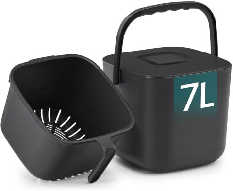 SONGMICS 7L Komposthink för Kök, med Lock och Inre Korg, Luktavvisande | Matavfallskärl i Plast, för Bänkskiva, 23,9 x 22 x 19,5 cm, Svart, LEOS Kollektion LTB217BZ01