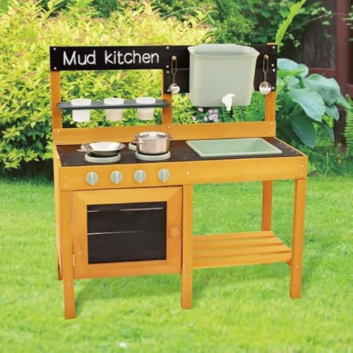 Wooden Mud Kitchen Outdoor Playset for Kids, with Chalkboard, Oven, Sink & Accessories