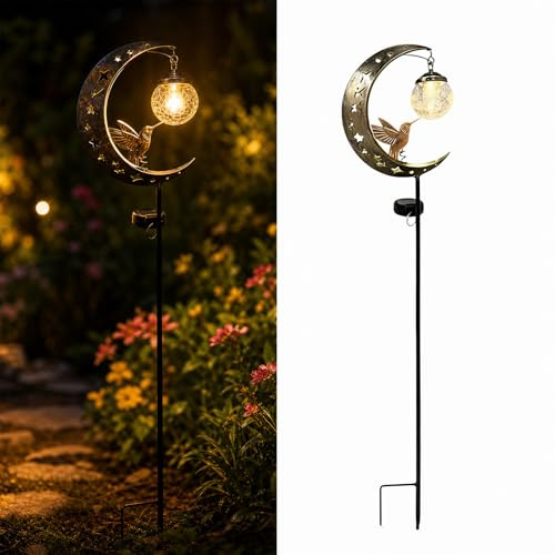 Hummingbird Moon Solar Garden Stake Light, Waterproof Solar Garden Statues with Bird, Half Moon LED Pathway Decor, Crackle Hanging Glass Globe Ball Metal Crescent for Outside Yard Patio Lawn Decor