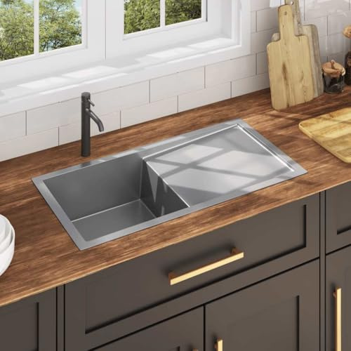 Runheo Évier de cuisine en acier inoxydable fait main avec vasque rectangulaire finition satinée, installation encastrée ou sous plan, lave-vaisselle, bonde et siphon