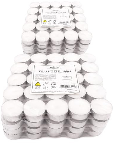 pajoma® Teelichte 200 Stück, Weiß | unbeduftete Teelichter | Brenndauer: 4 Std. - 20 g Wachsgewicht, 25 x 38 mm | Gastro, Hochzeit, Dekorieren, Feiern, Entspannen, Outdoor, Party