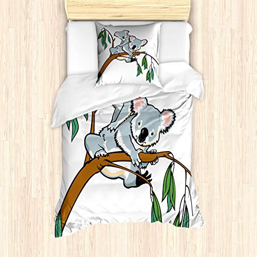 ABAKUHAUS tropisch Tiere Bettbezug Set, Koala Eukalyptus, Milbensicher Allergiker geeignet mit Kissenbezügen, 135 cm x 200 cm - 80 x 80 cm, Grau braun