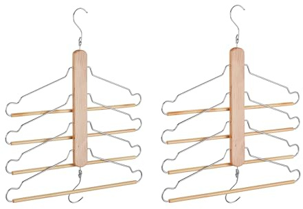 Relaxdays 2 x Mehrfachkleiderbügel, Halter mit 4 beweglichen Bügeln, Schrank-Organizer, mit Metallhaken, Lotusholz, Natur