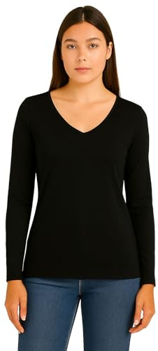 Candid Styles Ladies V Neck Top Basic Casual Wear Plain Long Sleeve Body Blouse Stretchy T Shirt Top 8-26, (8-10, Black)