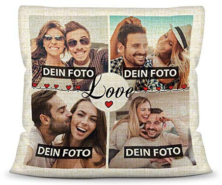 Print Royal Kissen mit Füllung - Fotocollage selbst gestalten mit Spruch - Love - mit Vier eigenen Fotos - Geschenkidee Fotokissen Kissen Leinenoptik- Natur