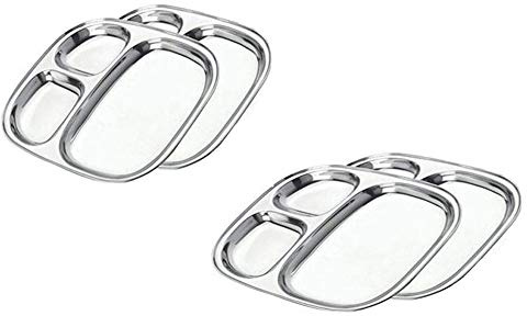 Satre Online and Marketing Oval Shape Plates Set of 4 Lunch Dinner Thali 3 Deep Compartments Stainless Steel