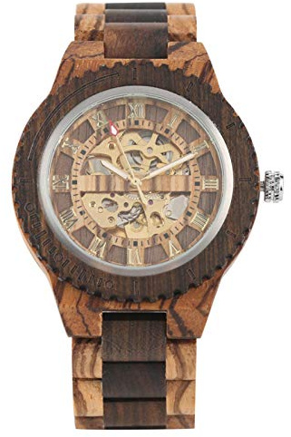 Akopiuto Luxus Holzuhr Mechanische Herrenuhren mit Automatikaufzug Hochwertiges Armband aus Holz Armband Römische Ziffern Anzeige Automatische Uhr Braun